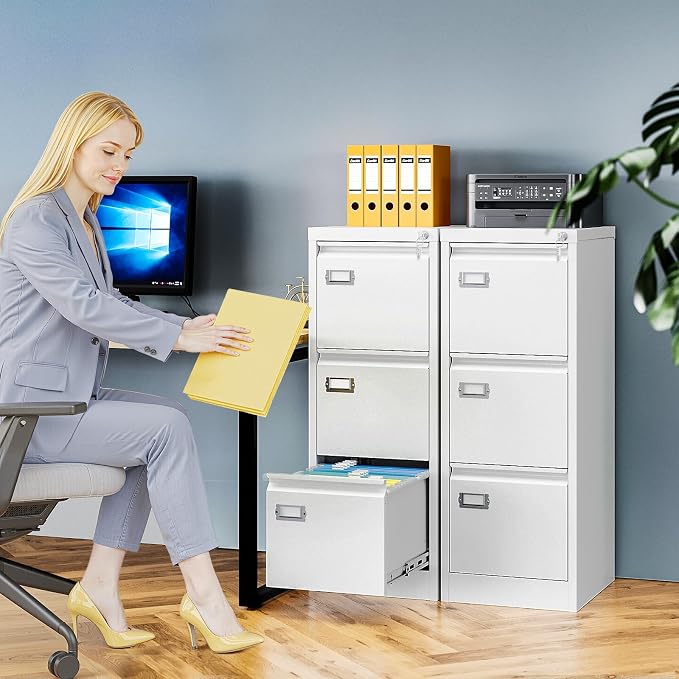 3 Drawer File Cabinet with Lock, Metal Filing Cabinets for Home Office, Vertical White Locking File Caninet, Steel Narrow Three Drawer File Cabnet for Letter/Legal / A4 / B4- Assembly Required