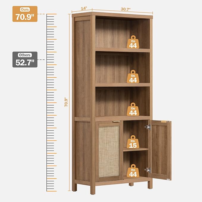 SICOTAS Bookcase 71" Tall Bookshelf 5 Tier Rattan Boho Bookcase with Doors Storage Large Book Case Shelf Farmhouse Bookshelves Library Book Shelves for Living Room Bedroom Home Office Kitchen