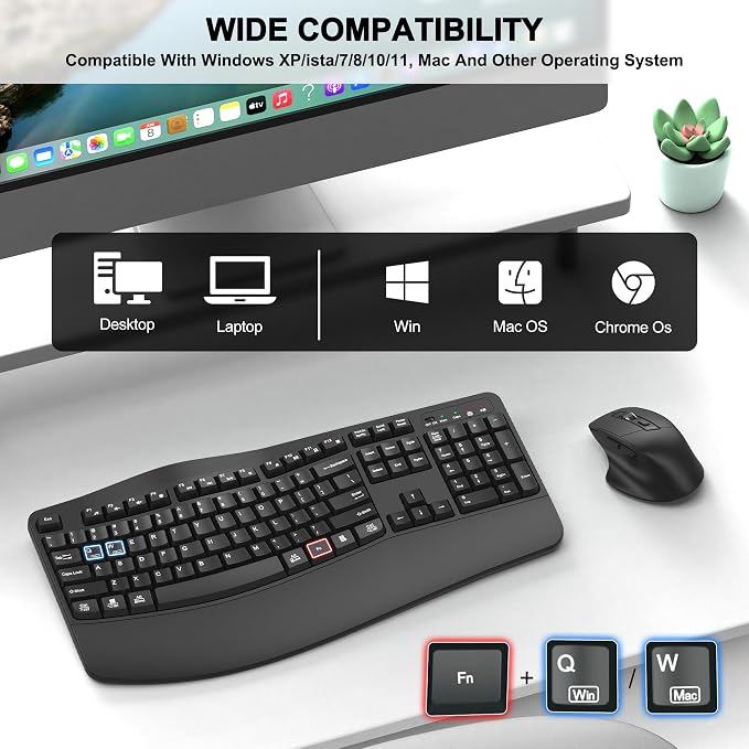 Wireless Keyboard and Mouse Combo, 2.4G Full Size Wave Keys Ergonomic Keyboard with Wrist Rest and 3-Level DPI Adjustable Wireless Ergonomic Mouse for Windows, Mac OS Desktop/Laptop/PC(Graphite)