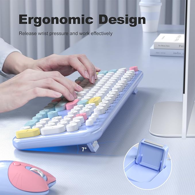 Wireless Keyboard and Mouse Combo, Meidosa 2.4GHz Colorful Full-Size Retro Typewriter Keyboard with Cat Shape 3 Level Adjustable Optical Mouse for PC/Desktop/Laptop/Windows (Pale Blue Colorful)