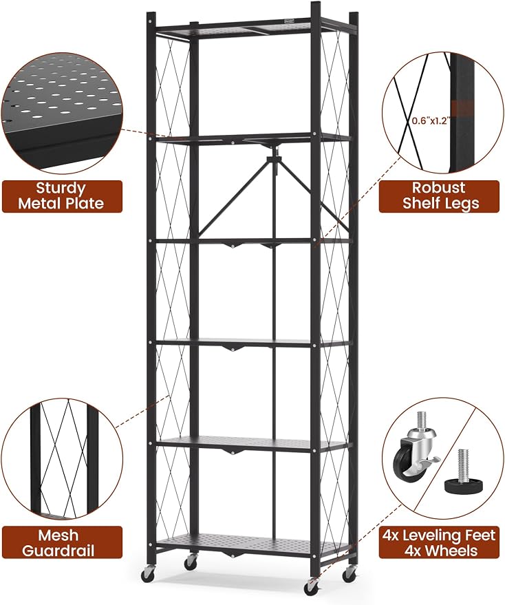 ALANNG 73.6 Inch Folding Bookshelf, 6 Tier Metal Bookcase and Bookshelves, Tall Shelves for Living Room Office Bedroom, Heavy Duty Book Shelve Free Standing Open (Black, 3PACK)