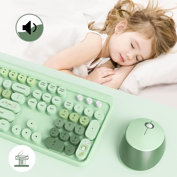 GTSP Typewriter Colorful Green Wireless Keyboard and Mouse Combo, 2.4GHz Full-Size Retro Cute Office Computer Keyboard with Round Keycaps for Desktop Laptop and PC (Colorful Green)
