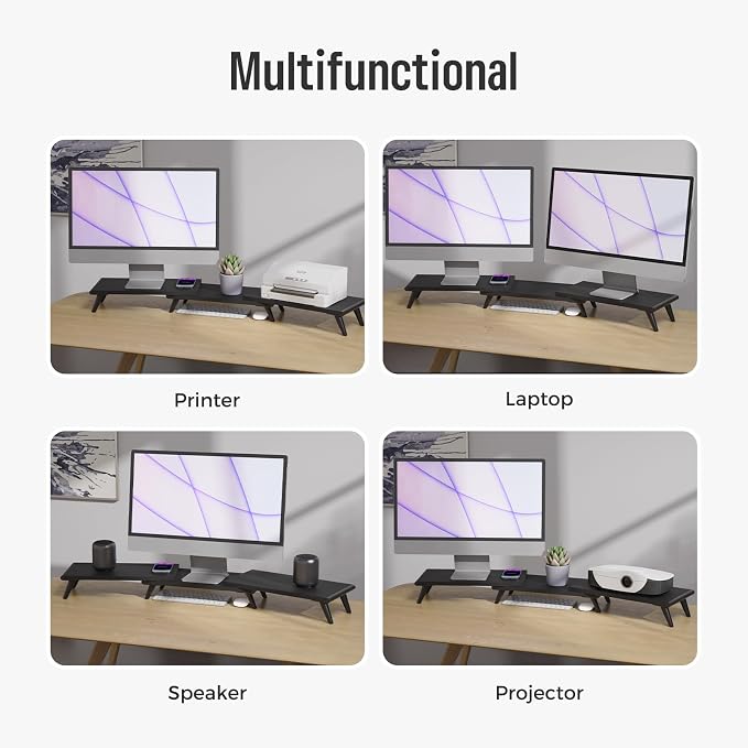 loukin Dual Monitor Stand Riser for Desk, 43.6"*8.2"*3.2" Large Computer Stand for 2 Monitors, Laptop, Printer, Length and Angle Adjustable Computer Shelf, Home Office,Max 43.6" Length(Black)