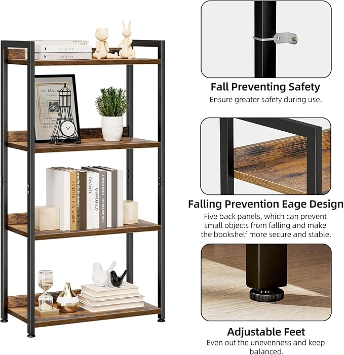 NUMENN Bookshelf, 4 Tier Bookshelves, Home Office Bookcase Shelf Storage Organizer, Free Standing Storage Shelving Unit for Bedroom, Living Room and Home Office, Vintage
