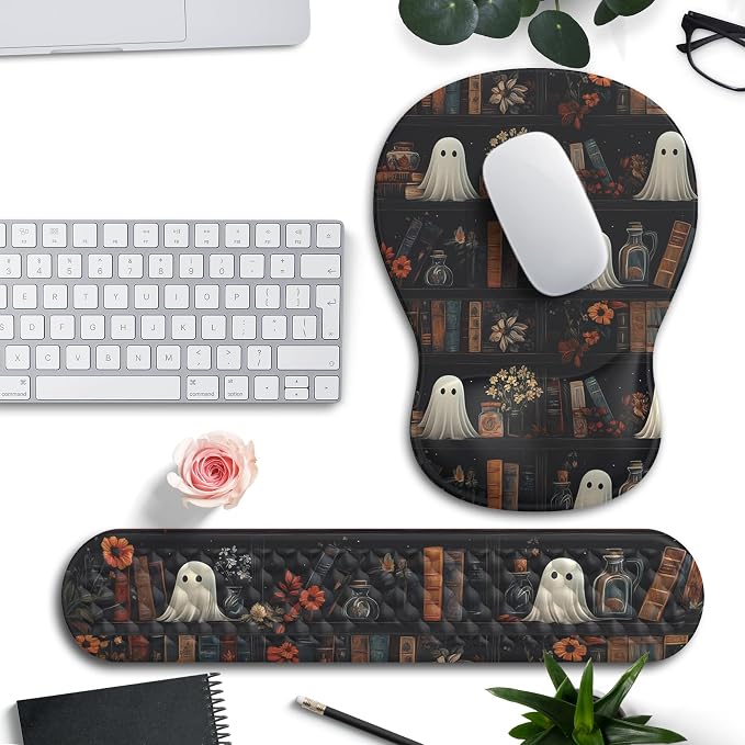 Ghost Book Mousepad with Wrist Rest Halloween Computer Keyboard Mouse Pad Black Cute, Mouse Pad with Wrist Rest for Computer Keyboard, 2 In1 Mousepad with Wrist Support Easy Typing&Relieve Wrist Pai