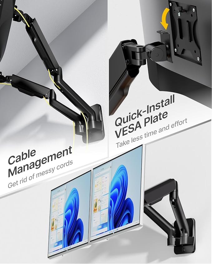 monTEK Dual Monitor Wall Mount for 17 to 32 inch Flat/Curved Screens, Each Holds to 19.8 lbs, Full Motion Adjustable Mechanical Spring Monitor Arm, 75x75/100x100 VESA Wall Mount, Black