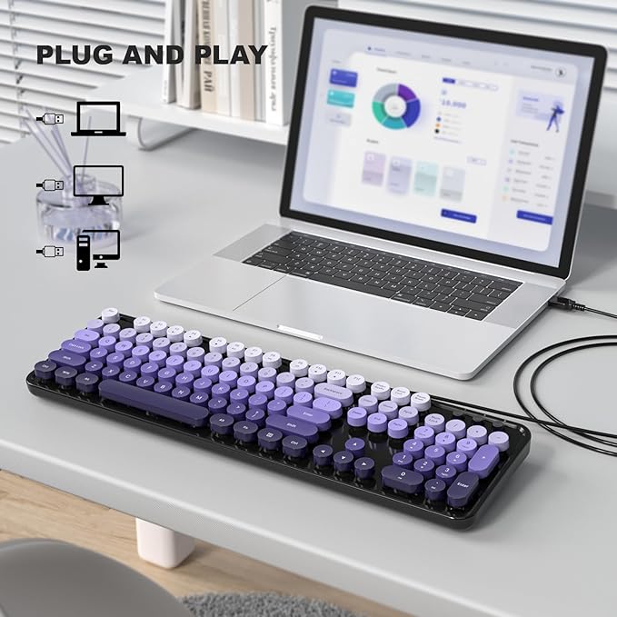 MOWUX Computer Keyboard Wired, Plug and Play USB Retro Round Typewriter Keyboard, Full Size Wired Keyboard with Foldable Stands for Laptop and Office PC- Black Purple Gradient