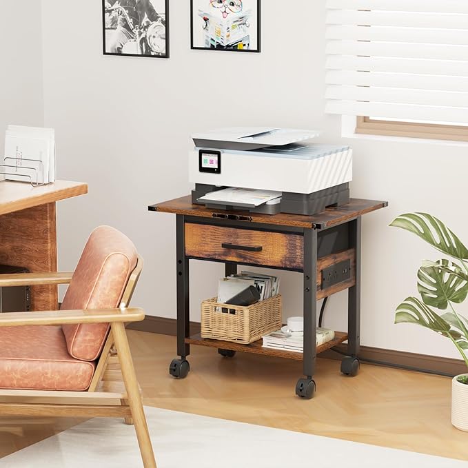 Lerliuo Under Desk Rolling Printer Stand with Charging Station and USB Ports, 2-Tier Printer Table Desk with Fabric Drawer, Printer Cart Holder with Lockable Wheels for Home, Office (Brown)