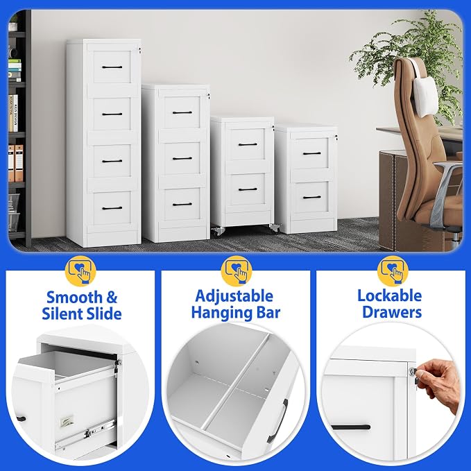 GAIOUS Metal Vertical File Cabinet with Lock, Home Office 3 Drawer Cabinet | 3 Drawer Filing Cabinet, Beside Desk File Cabinet, White Lockable Storage Cabinet, Fits Letter/Legal/A4 Size
