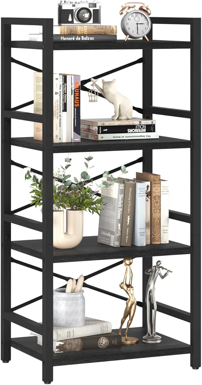 Yoobure 4 Tier Bookshelf - Small Book Shelf Industrial Bookcase, Narrow Book Case Book Storage Organizer for CD/Movie/Book, Bookshelves for Bedroom Office Living Room Black