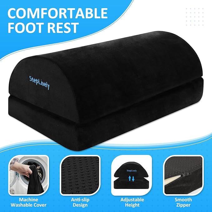 StepLively Foot Rest for Under Desk at Work, Comfortable Foot Stool with 2 Adjustable Heights, Footrest with Washable Cover, for Back & Hip Pain Relief, Suitable for Office, Home, Car, Black, X-Large