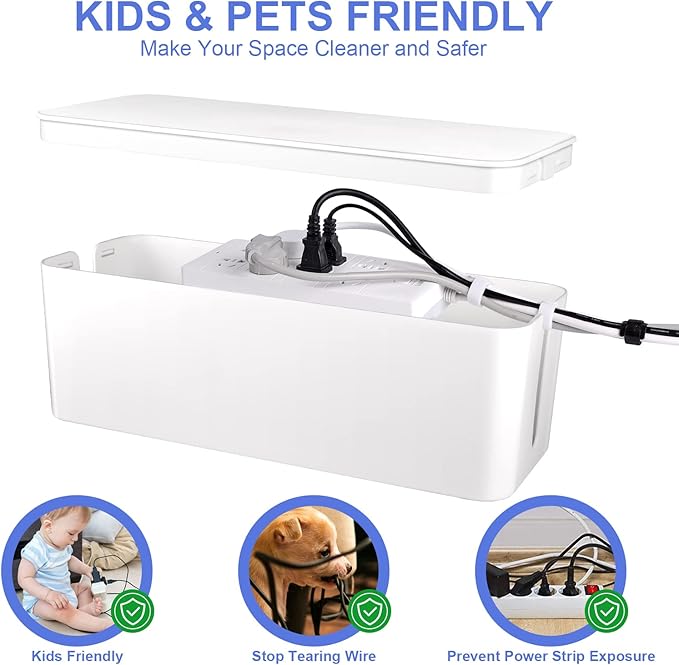 Cable Organizer Box Set of Three, Power Cover Cord Holder Surge Protector for Desk (White)