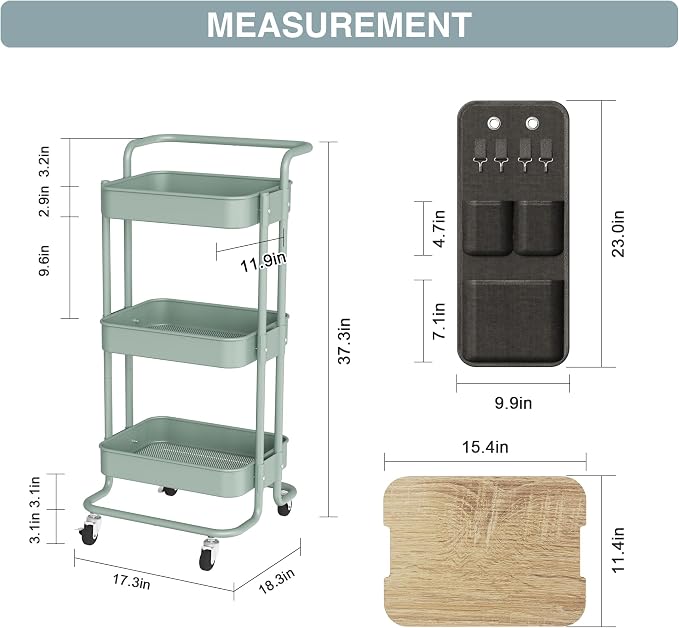 DTK 3 Tier Metal Utility Rolling Cart with Table Top and Side Bags, Metal Tray Storage Organizer Cart with Wheels, Art Craft Cart with 4 Hooks for Kitchen Bathroom Office Living Room (Green)
