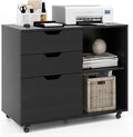3 Drawer File Cabinet, Wood Lateral Filing Cabinet for Hanging Letter, A4, Legal Size, Rolling Printer Stand with Adjustable Shelf, Under Desk Storage for Home Office (Black)