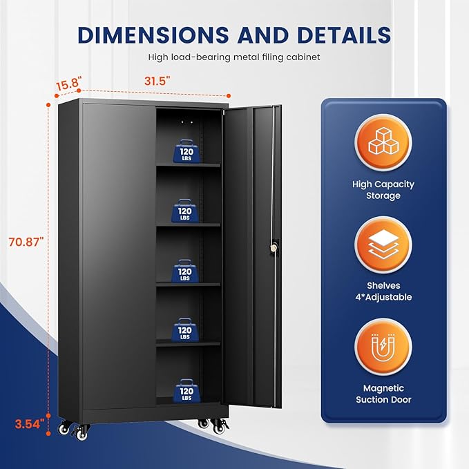Yizosh Metal Garage Storage Cabinet with Locking Doors and Adjustable Shelves,- 75" Rolling Steel Tool Cabinet for Home Office,Garage,Warehouse