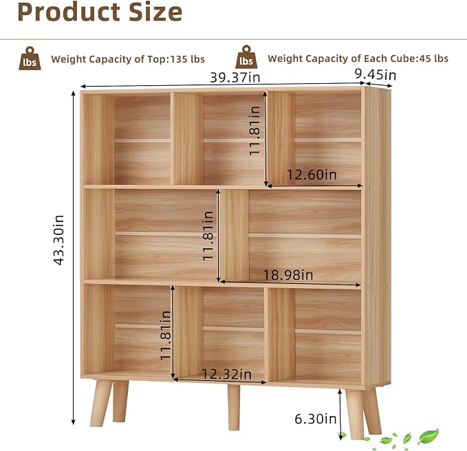 LEYAOYAO Wooden 8 Cube Book Shelf, Natural 3 Tier Bookshelf with Legs, Modern Open Storage Organizer,Boho Bookcase,Display Cabinet Shelf Free Standing Bookshelves for Bedroom,Living Room,Office