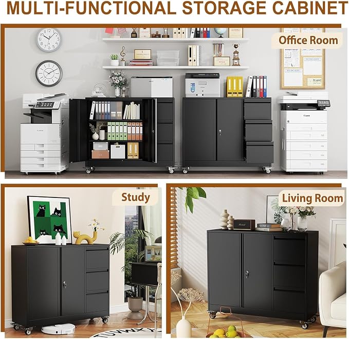 47" Rolling File Storage Locker Cabinet with 3-Drawer，Office Storage Cabinet with Adjustable Shelf & Universal Wheels, Mobile Printer Stand for Home Office, Living Dining Room,Black