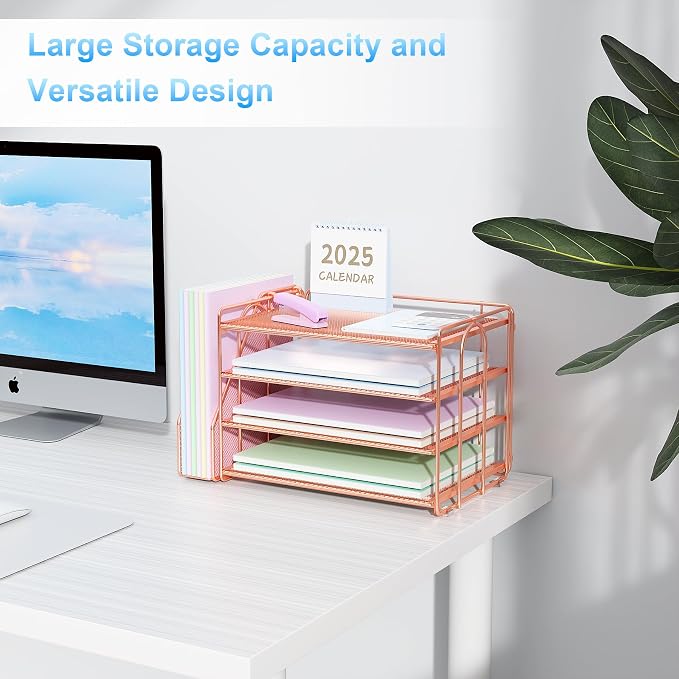 Spacrea Desk Organizers and Accessories, Paper Organizer for Desk with File organizer, Desk Accessories & Workspace Organizers for Office Supplies (Rose Gold)