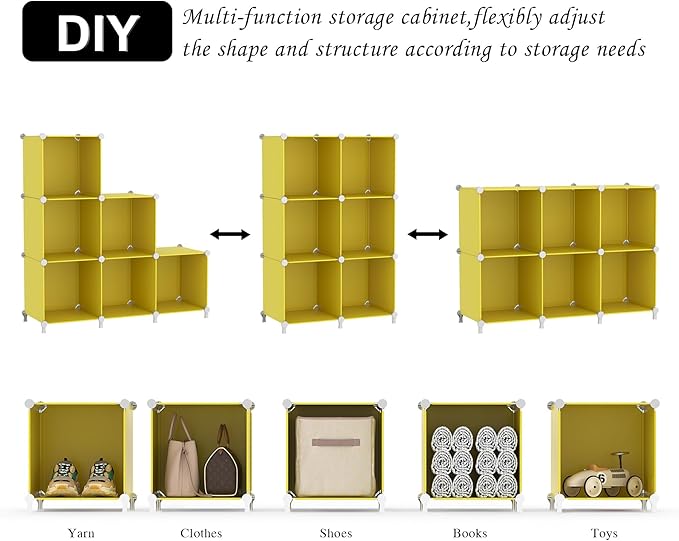 AWTATOS Cube Storage Organizer, 6 Cube Closet Organizers and Storage, DIY Stackable Bookshelf Plastic Clothes Organizer Shelving for Bedroom, Home, Yellow