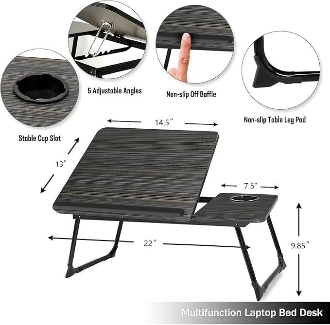 Laptop Desk for Bed Couch,Lap Desk for Laptop,Portable Laptop Stand for Desk,Small Adjustable Laptop Desk,Foldable Bed Table for Laptops and Writing, Bed Tray Table with Cup Holder(Black)