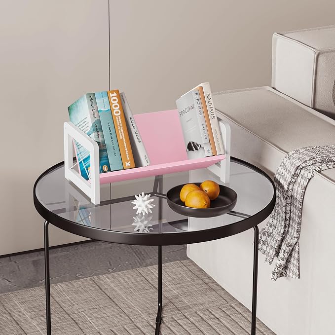 ELITEROO Tabletop Bookshelf, Simple Wood Book Organizer for Desk, Tilted Table Bookcase, Small Desktop Book Rack for Cookbook Display, Kids Reading, Office Storage, Pink