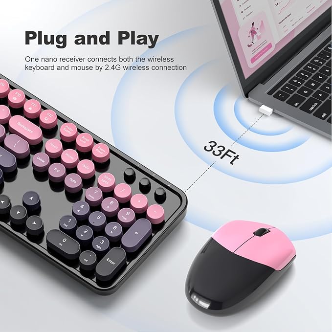Wireless Keyboard and Mouse Combo, MOWUX Full Size Typewriter Retro Round Computer Keyboard, Cute Optical Mouse Wireless, Plug and Play, for Laptop, PC, Computer- Plum Pink Gradient