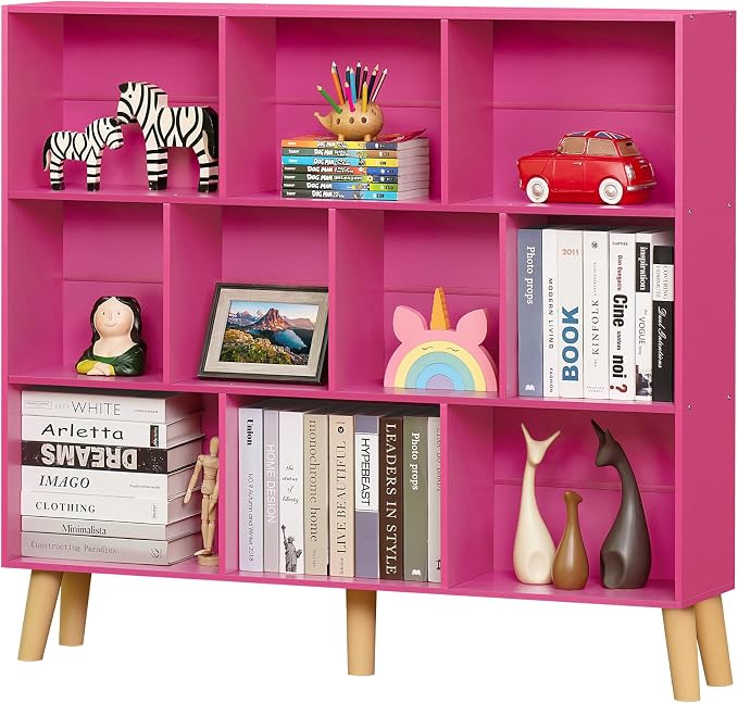 LEYAOYAO 10 Cube Bookshelf,3 Tier Modern Wide Bookcase with Legs,Mid-Century Wood Bookshelves Storage,Pink Large Book Case,Freestanding Organizer Display Shelf for Bedroom,Living Room,Office