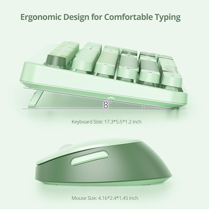 GTSP Typewriter Colorful Green Wireless Keyboard and Mouse Combo, 2.4GHz Full-Size Retro Cute Office Computer Keyboard with Round Keycaps for Desktop Laptop and PC (Colorful Green)