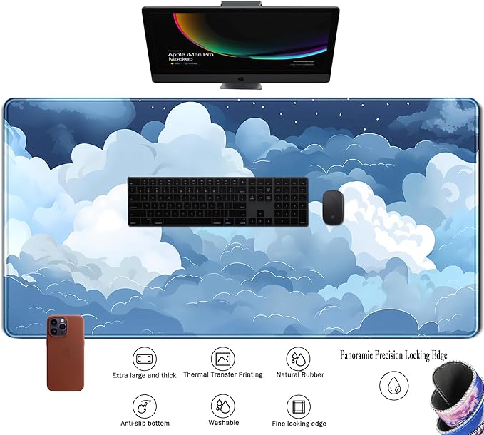 Aesthetic Blue and White Puffy Clouds Desk Mat, XXL Large Kawaii Blue Extended Gaming Mouse Pad with Stitched Edges, Cute Big Laptop Keyboard and Mouse Mat for Women Office Decor Mat 31.5x15.7 in