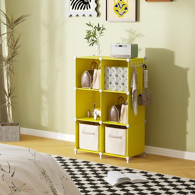 AWTATOS Cube Storage Organizer, 6 Cube Closet Organizers and Storage, DIY Stackable Bookshelf Plastic Clothes Organizer Shelving for Bedroom, Home, Yellow