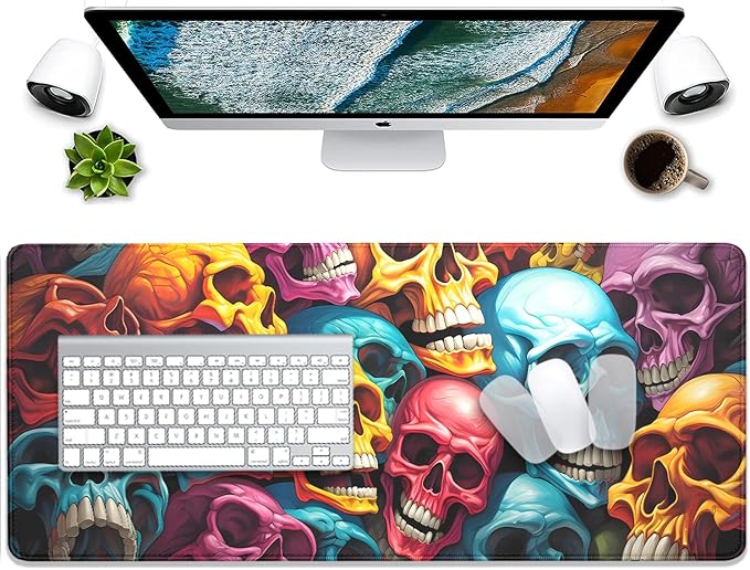 Scary Skeleton Mouse Pad Desk Pad,Colourful Skull Extended Gaming Mouse Mat with Stitched Edges Non-Slip Waterproof Rubber Base Mous Mat for Office Home Game Desk Pad(27.5X11.8 in)