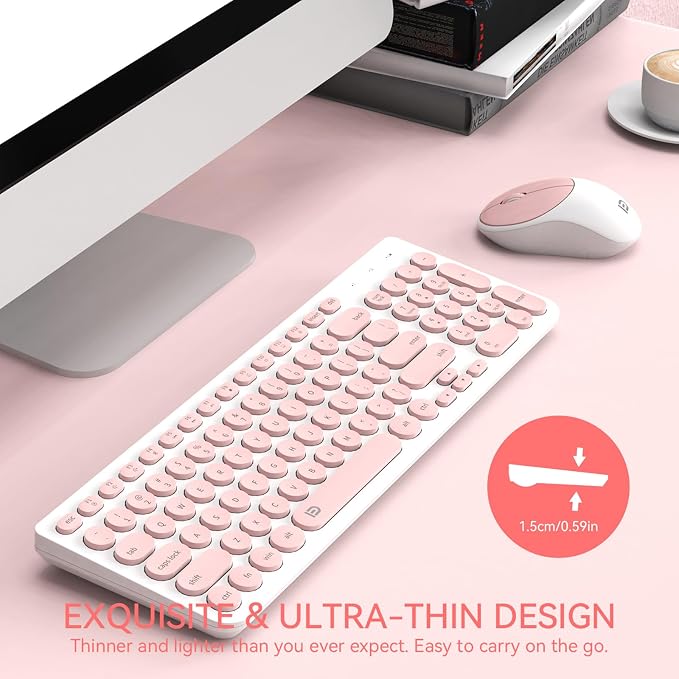 FD iK6630 Wireless Keyboard and Mouse Combo - 2.4GHz USB Cordless, Cute Round Keys, Quiet and Slim Set for Laptop, Computer, TV, and Mac - Salmon Pink & White