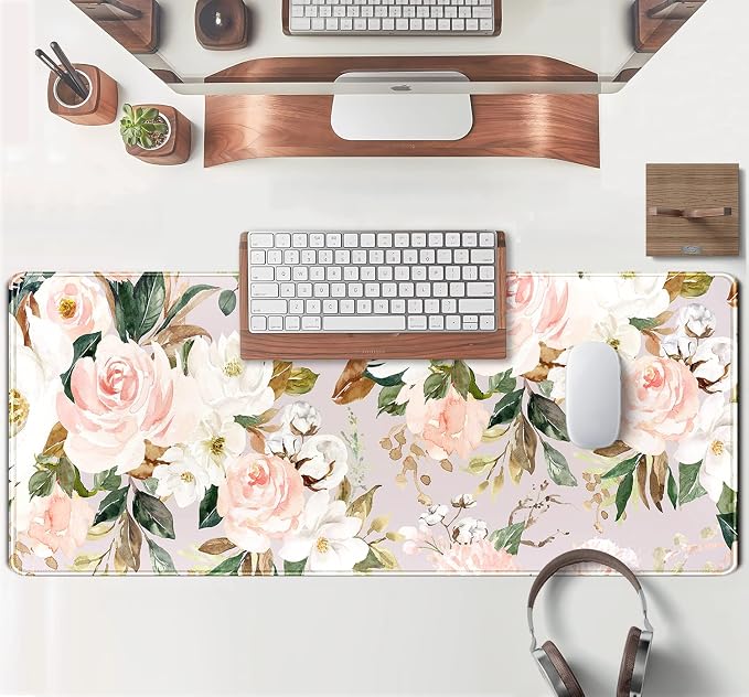 Pink Flowers Keyboard Pad PC Gaming Desk Mat Desk Mouse Pads Green Leaves Floral Mouse Pad Large, Computer XL Big Mousepad Deskpad Mat with Stitched Edge for Women Home Office Decor 31.5x11.8 in