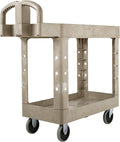 BRUTE Heavy Duty 2-Shelf Utility/Service Cart, Small, Lipped Shelves, Ergonomic Handle, 500 lbs. Capacity, Beige, for Warehouse/Garage/Cleaning/Maintenance