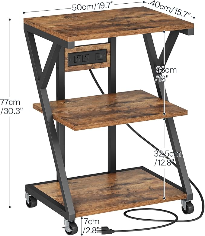 HOOBRO 3-Tier Printer Stand, Mobile Printer Table, Rolling Cart with Charging Station, Home Printer Stand, for Living Room, Kitchen, Office, Rustic Brown and Black BF33UPS01