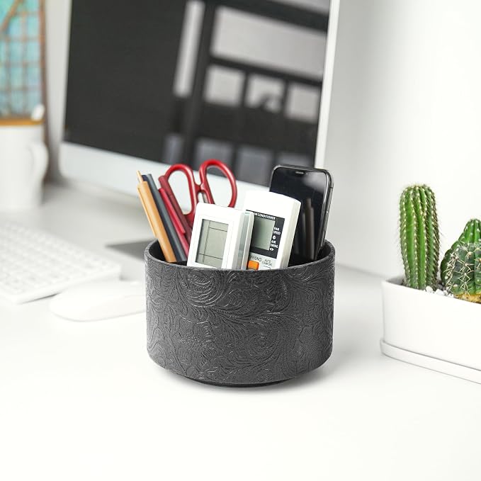 lizimandu Round Leather Art Supply Organizer,Remote Control Holder,360 Degree Spinning,Multi-Functional Pencil Holder,4 Compartments Desktop Stationary Organizer(1-Black2)