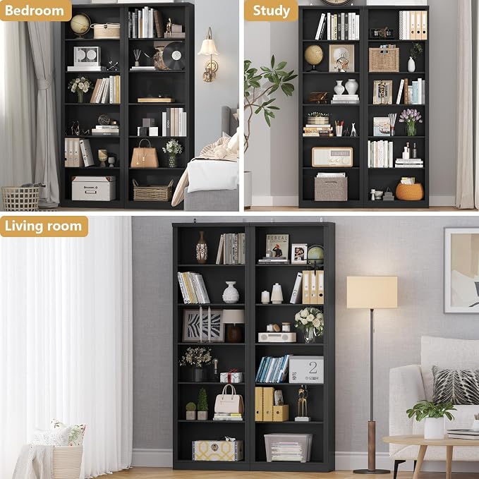 Thacuok 75" Tall Bookshelf Set of 2, 6 Tier Bookshelf with Adjustable Shelves, Bookcase with Anti-Tipping Device, Floor Standing Modern Display Rack,Book Shelf for Living Room, Bedroom, Office, Black
