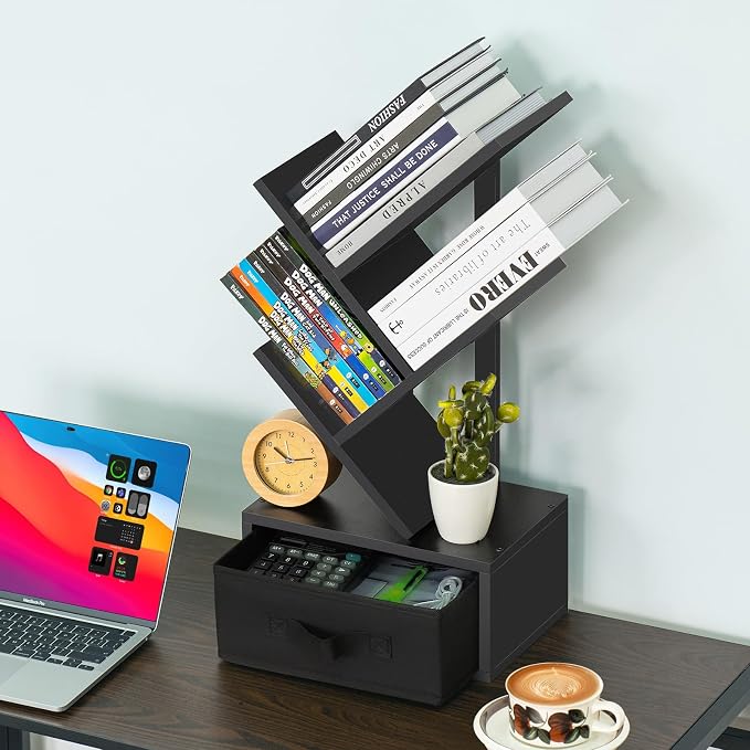SHEEPAM Small Book Shelf with Drawer,4 Tier Black Tree Bookshelf,Wooden Desktop Bookcase,Modern Desk Display Storage Bookshelves,Floor Standing Organizer Bookcases for Living Room,Bedroom,Office
