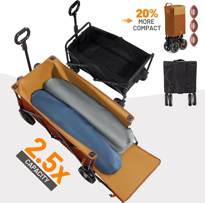 Timber Ridge 49" Extra Long Collapsible Folding Wagon with Tailgate and Brakes, 300lbs Heavy Duty Foldable Wagon with Adjustable Handle, 250L Capacity Portable Cart for Outdoor Camping Sports, Orange