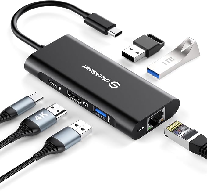 UtechSmart USB C Hub, Ethernet Multiport Adapter 6 in 1 USB C to HDMI Dock Compatible for MacBook Pro/Air, Chromebook, Dell XPS, HP and Type C Devices (Gigabit Ethernet 100W PD 4K HDMI USB 3.0) Black