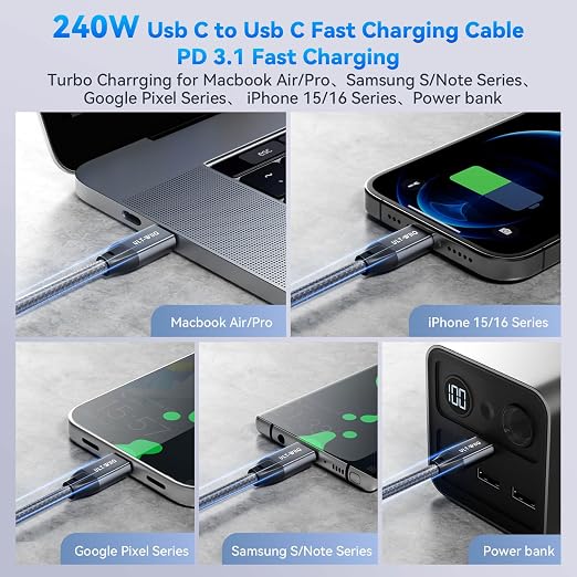 ULT-WIIQ 3.3FT USB C to USB C 3.2 Gen 2 x 2 Video Cable for Portable Monitor, 4K@144/120/60Hz 8K Display Cable, 20Gbps Data Transfer, PD 3.1 240W Fast Charging, for iPhone 17, MacBook, SSD, CarPlay