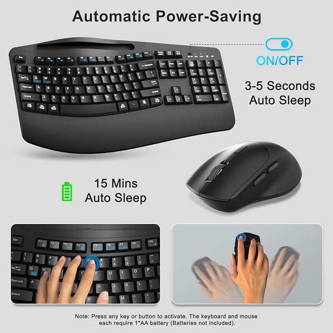 Wireless Keyboard and Mouse Combo, 2.4G Full Size Wave Keys Ergonomic Keyboard with Wrist Rest, Phone Holder, 3-Level DPI Wireless Silent Mouse with 6-Buttons, for Windows, Mac OS, Laptop, PC (Black)