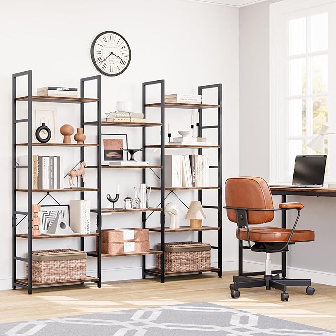 NUMENN Triple 5 Tier Bookshelf, Wide Book Shelf with 14 Open Display Shelves, Modern Tall Bookcase Furniture for Living Room Home Office, Vintage