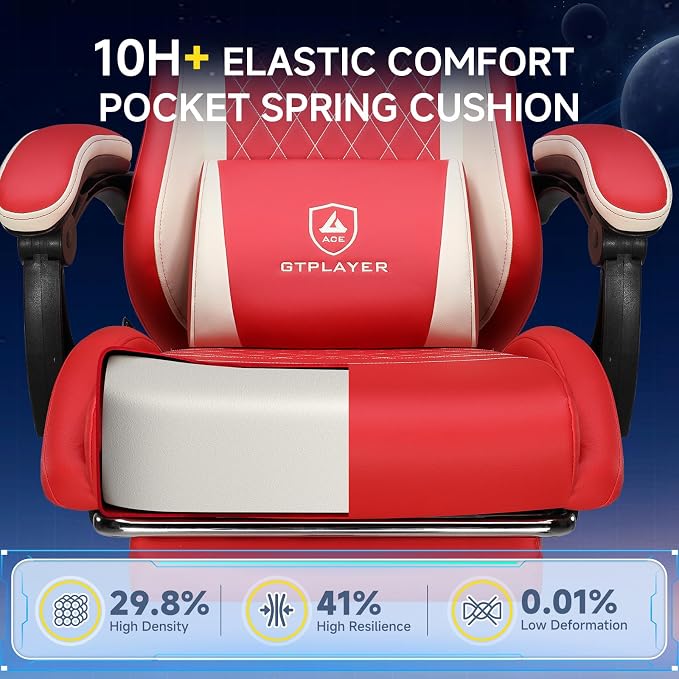 GTPLAYER Gaming Chair, Video Game Chairs with Footrest and Lumbar Support, Computer Chair for Adults with Extended Backrest, Ergonomic Reclining Silla Gamer, PU-Leather, Red