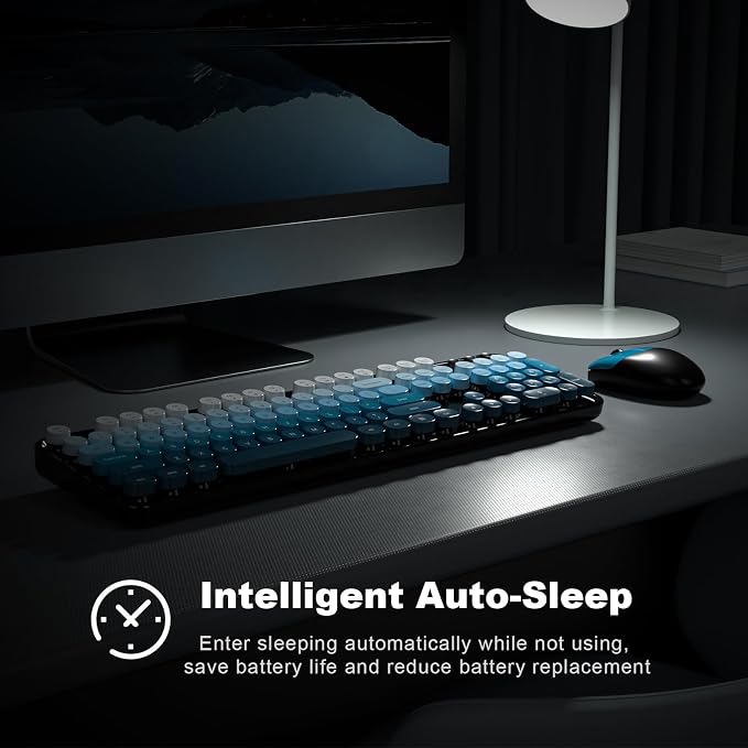 MOWUX Wireless Keyboard and Mouse Combo, Full Size Typewriter Retro Round Computer Keyboard, Cute Optical Mouse, 2.4G Plug and Play, Compatible with Laptop, PC, Desktop, Computer - Black Blue Gradient