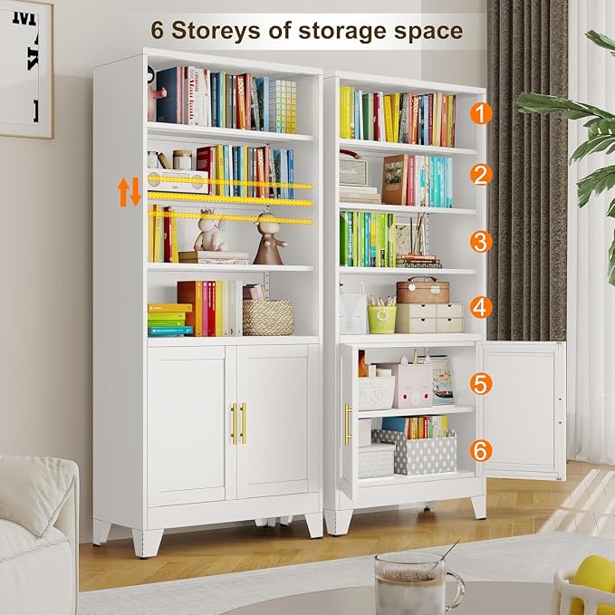 erosoei 71" H Tall Metal Bookcases and Bookshelves with 2 Doors and Adjustable Shelves，Tall Storage Cabinet Industrial Bookshelf 6-Tier Open Display Shelf，Decor Furniture for Living Room, Bedroom