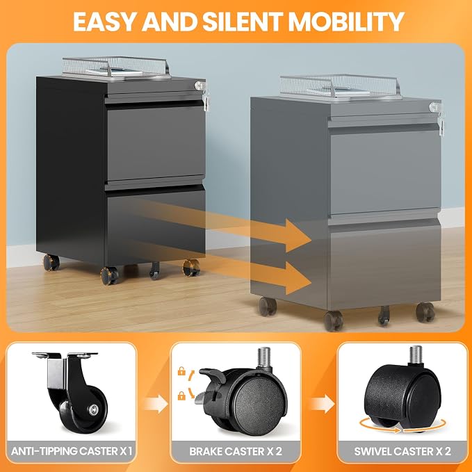 2 Drawer File Cabinet, Fully Assembled Mobile File Cabinets with Lock, Metal Rolling Filing Caninet on Wheels, Small Two Drawer Under Desk Cabnet for Letter/Legal / A4 / File Box - Black