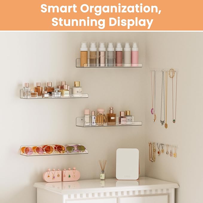 upsimples Acrylic Shelves for Bathroom Storage, 15" Floating Shelves Wall Organizer for Perfume, Make up, Skincare, Kids Bookshelf for Bedroom, Nursery, Living Room Decor, Clear, 4 Pack