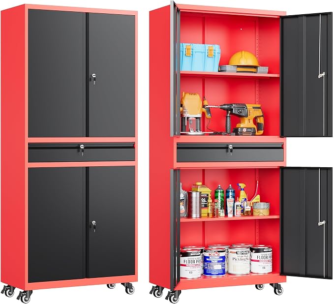 SISESOL Metal Storage Cabinet with Wheels and Drawer,Rolling Garage Storage Cabinet with Lock,Black Red Metal Cabinets with Wheel,73" Mobile Tall Tool Cabinets on Wheel for Home,Office,Garage,Shop