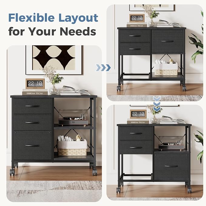 DUMOS 3-Tier Mobile File Cabinet, Printer Stand with Storage, Office Table with Drawers and Back Support Bar, Holds 110lbs for Home Office, Rustic Black